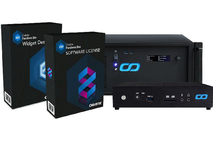 An image of Christie Pandoras Box media server and show control products grouped together in an array.