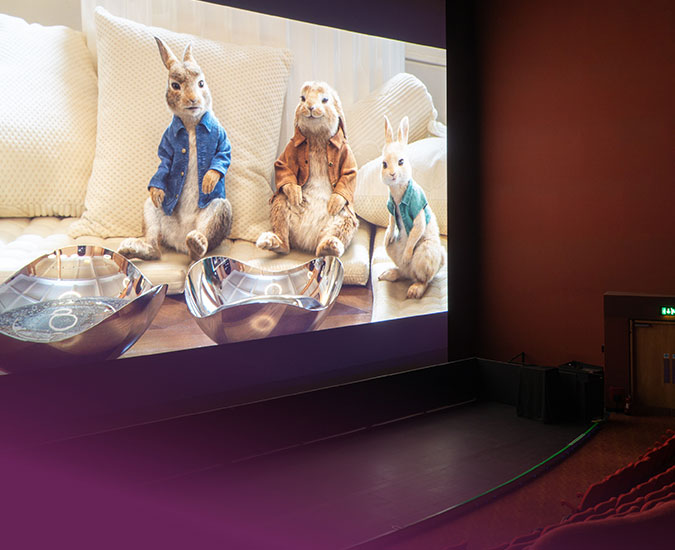 The movie 'Peter Rabbit' showing on a movie theatre screen.
