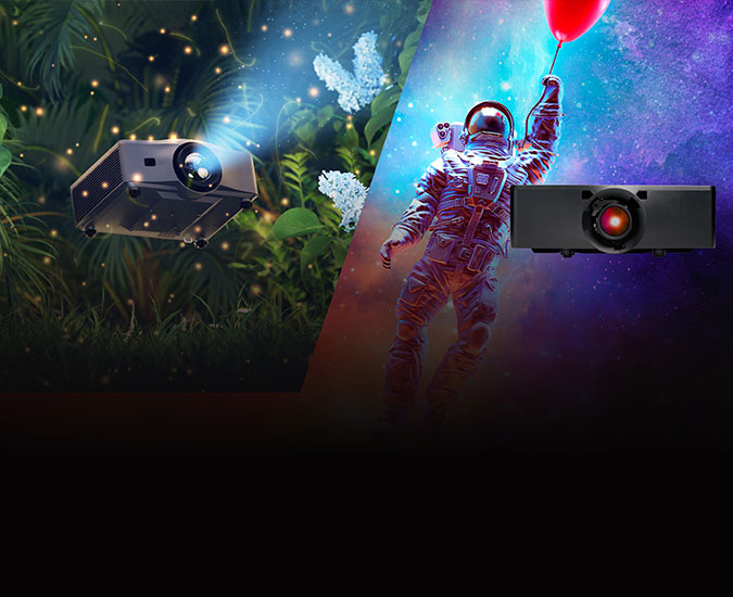 4K860-iS projector with a background of greenery and the 4K13-HS projector with a background of galaxies and an astronaut holding a red balloon.