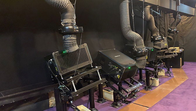 The highly immersive visuals (left) are powered by Christie Griffyn 4K35-RGB projectors (right) (image courtesy of Dacoms Technology)