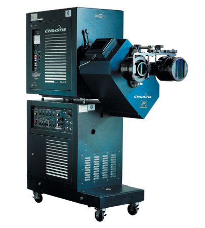 A large digital cinema projector on castors.
