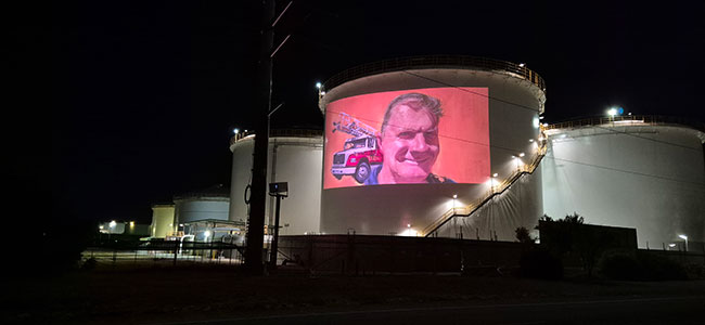 The projection mapping on the fuel tank at Coogee Chemicals is accomplished with a Christie Griffyn 4K35-RGB projector.