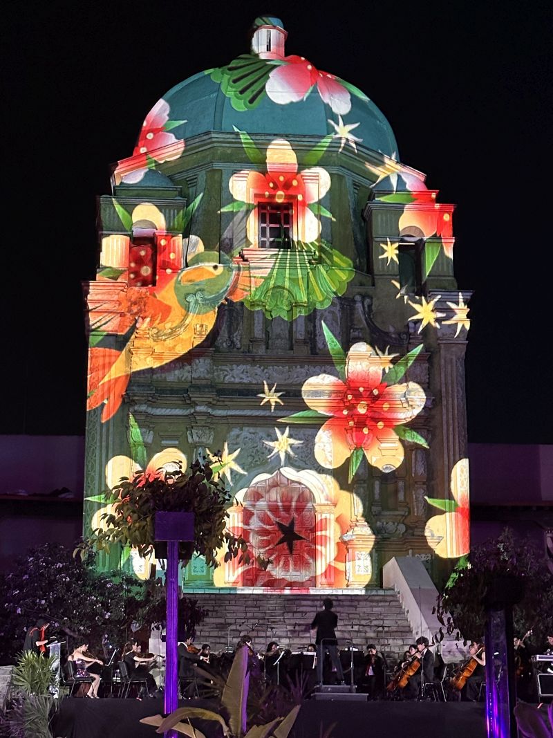 The façade of a historic Baroque-style building is projection mapped with colorful flowers.