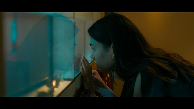 A close up of a women looking through a window.