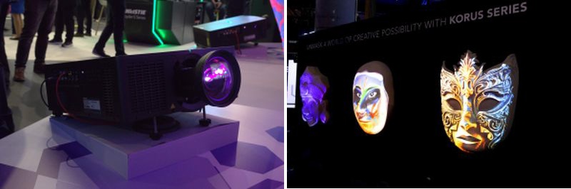 Korus 4K 1DLP projector (left), A projected mask display (right)