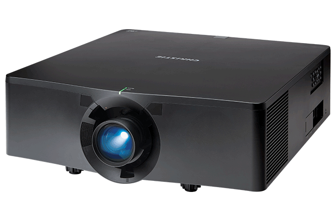 Black projector with light shining from lens. 